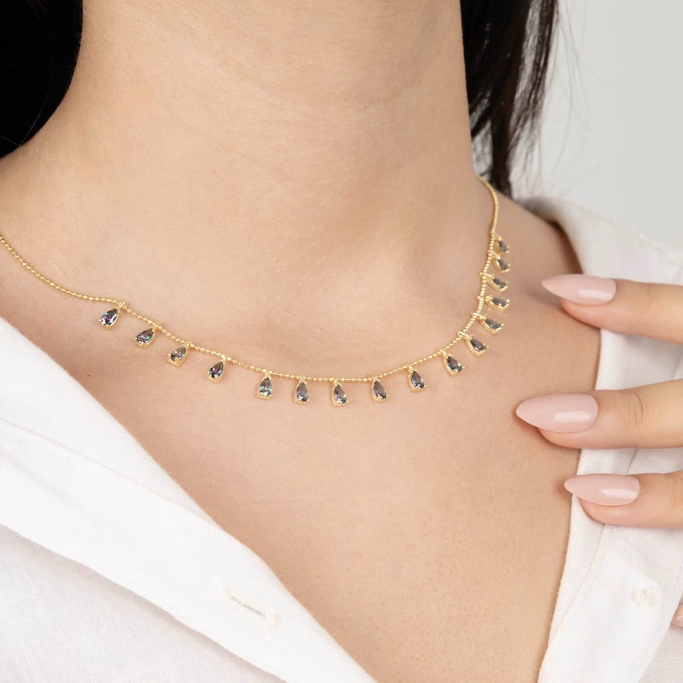 14k 金泪珠亚历山大石站项链,宝石诞生石项链她 — 第 2/2 张图片