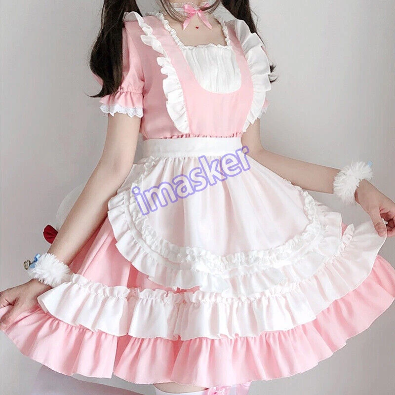 Women Sexy Vintage Sweet Girl Pink Lolita Dress Kawaii Cute Maid Uniform Outfit - Image 2 of 4