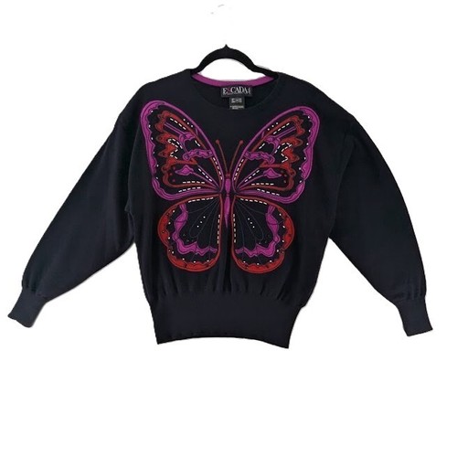 ESCADA Margaretha Ley Pullover schwarz Schmetterling Stickerei Vintage 80er Damen Gr. 38