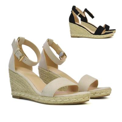Womens Espadrille Wedge Sandals Ladies Open Toe Ankle Strap Ladies Low Mid  Heel UK