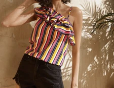 Shein Women 6 Stripe Blouse Multicolor Casual Top Asymmetrical Neck Ruffle New