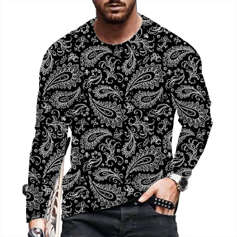 T Shirt Men Paisley Graphic Fashion Long Sleeve Black Casual Vintage T-Shirt
