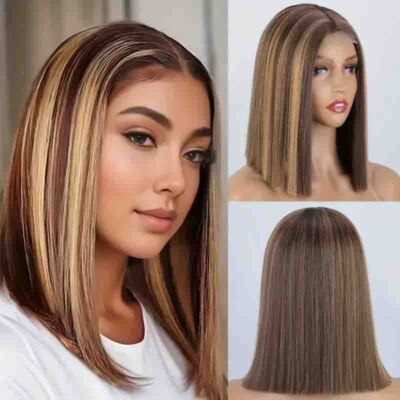 Highlight Straight Bob Wigs For Women Synthetic U Part 4*1 Lace