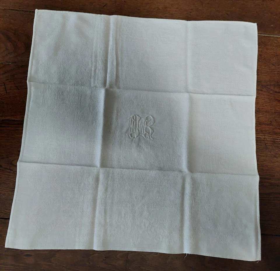 Serviette de table ancienne coton damassé brodé monogramme NR - Photo 2/4