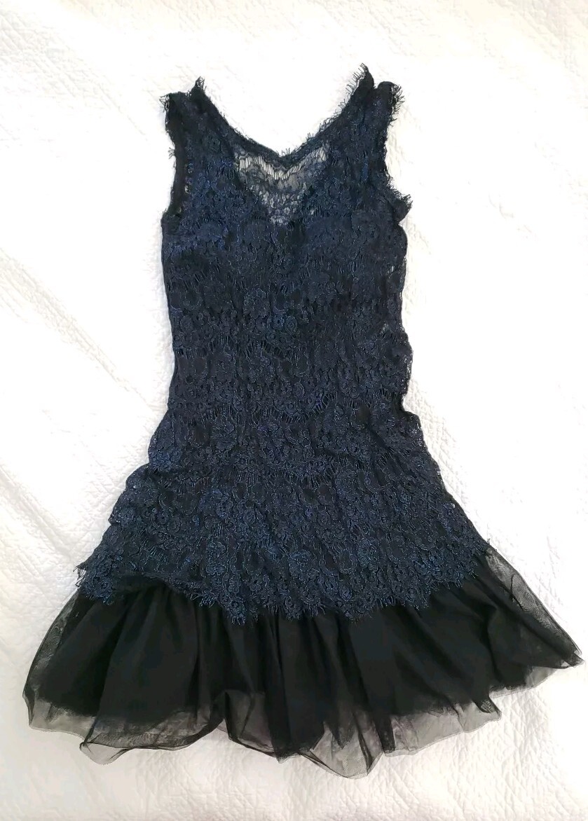 Betsy Adam Black Blue Dress Lace Tulle US 4
