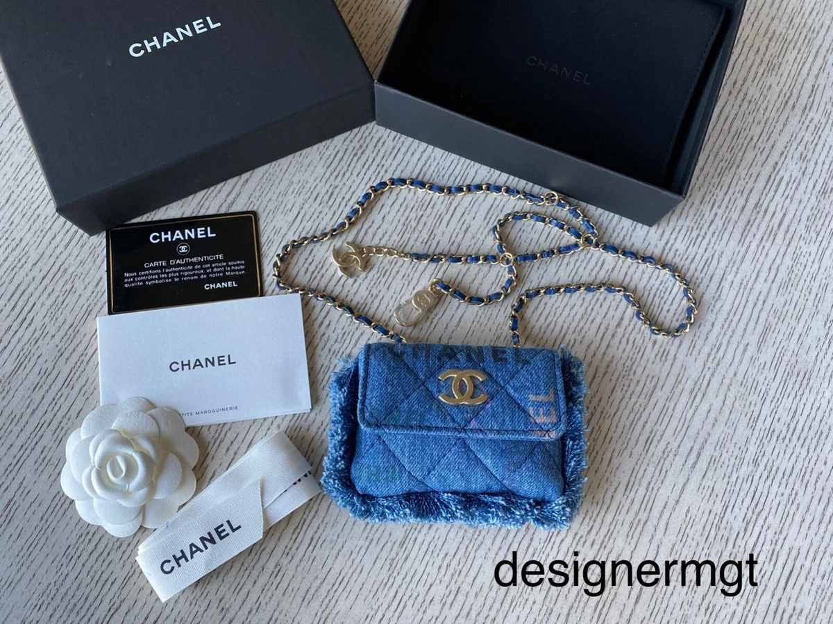 NIB 100% AUTH Chanel 22P Blue Denim Card Holder Belt Bag Light Gold Hardware