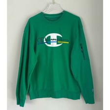 Champion Global French Terry Crew Sweatshirt Green Size Medium Script Over Logo