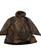 Drizzle Vtg 3/4 Length Coat Animal Print Rawstring Waist, Fur Trimmed Hood S
