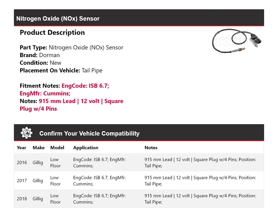Tubo de escape sensor de óxido de nitrógeno (NOx) Dorman de piso bajo Gillig 2016-2018 2017 Foto 2 de 4