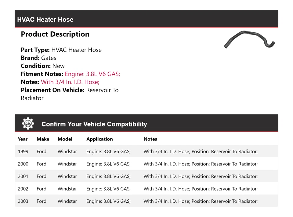 Reservatório de mangueira para portões de radiador 2000 Ford Windstar HVAC aquecedor 1999-2003 - Imagem 2 de 4