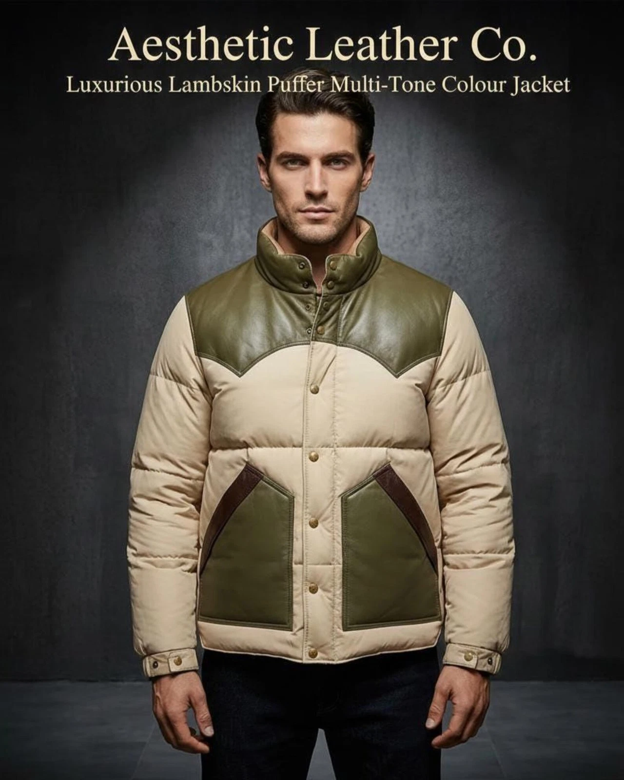 Luxury Lambskin Leather Puffer Jacket, Two-Tone Western Yoke Quilted Coat