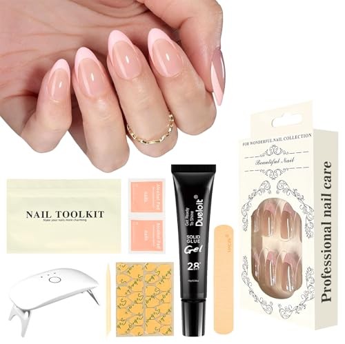 16-size Pink French Almond-Shaped Press-On Nails Kit with S 