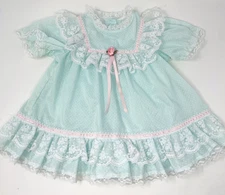 Vintage USA Made Girls Smocked Baby Girl Dress 18 Months Teal Blue Lace Ruffles