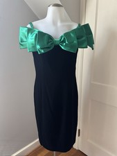 Vintage A.J. Bari Black Velvet Dress Green Satin Bow Detail Elegant Cocktail 6