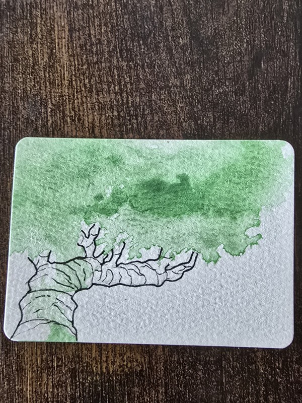 ACEO Original Art by SY Tree Green Leaves Fantasy Whimsical Series Glitter 
