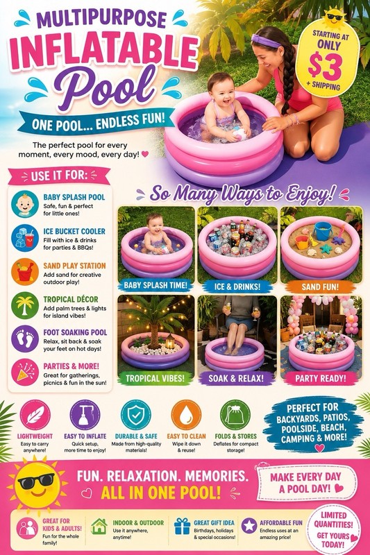 Multipurpose Inflatable Pool, 3-Ring Round Plastic, Pink & Purple, Lightweight