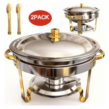 Chafing Dish, 5.3QT, Round Mirror-Finish, FREE SHIPPING, 2 Pack, Gold Food Clips