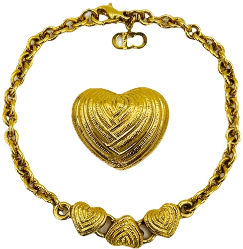 Come nuovo set gioielli vintage DIOR cuori placcati oro bracciale + spilla cm 18 50 circa.