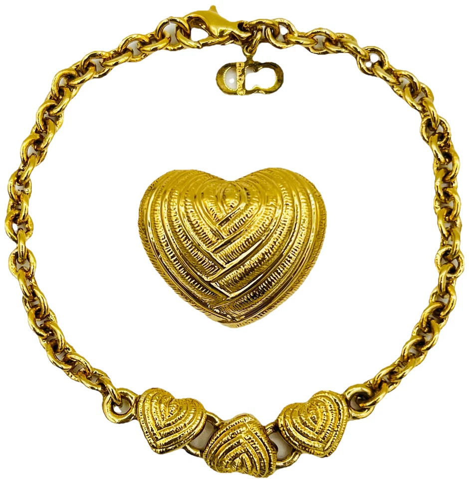 Wie Neu, Vintage DIOR Herzen Schmuck Set Vergoldet Armkette+Brosche ca.18.50cm.
