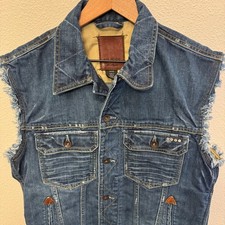 Guess Mens Sleeveless Denim Trucker Vest Med Button Up Pockets Frayed Rocker