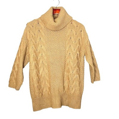 ESSENTIALS Tan Knit Cable Knit Chunky Turtleneck Sweater Sz M Warm Cozy Classic