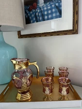 Vintage barware set, gold pineapple on pink glass, pitcher and 6 glasses
