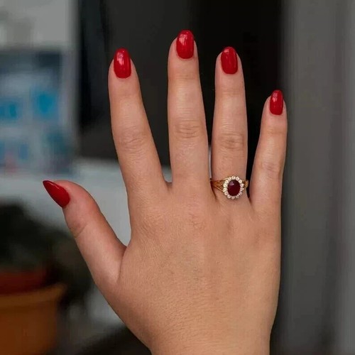 2Ct Oval Cut Lab-Created Ruby Diamond Halo Wedding Ring 14K Yellow Gold Plated - Picture 6 of 8