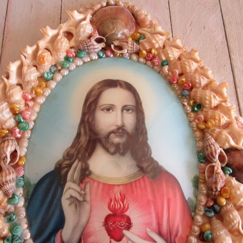 Vintage katholisch religiös Jesus Herz Herz Bild konvex Glas Muschel Rahmen - Bild 4 von 7