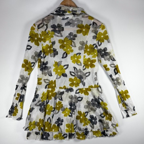 Comfy USA Extra Small Sheer Crinkle Floral Blouse Yellow Gray Peplum Hem Top - Picture 7 of 13