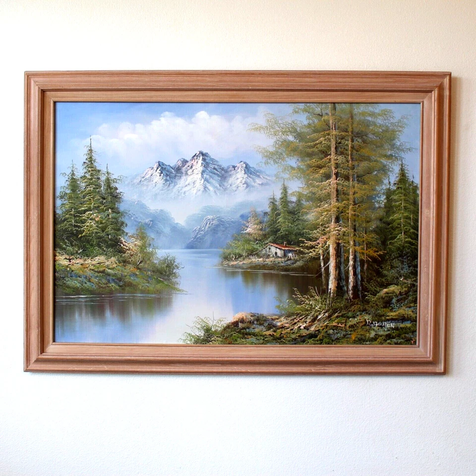 Vintage Oil Painting by R. Boren Cabin Creek Mountains Bob Ross Style 41"x29" - Image 2 of 4