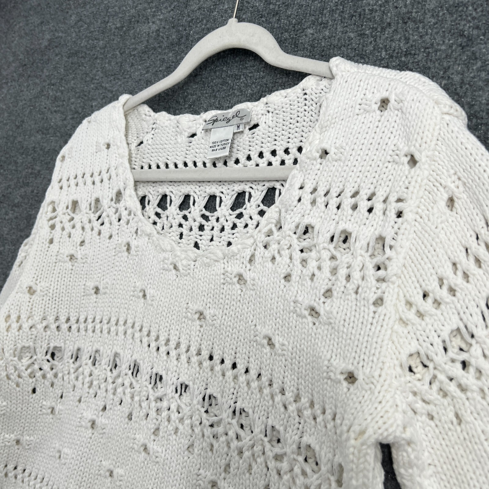 Vintage Speigel Womens Sweater Size Medium White Open Knit Cropped Pullover 90s