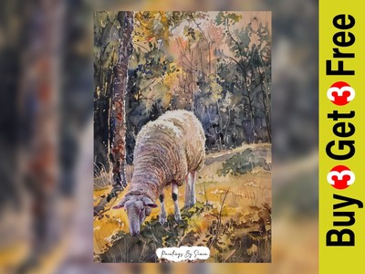 Serene Weide Weide, Aquarell Schafe Maldruck 5''''x7'''' auf mattem Papier