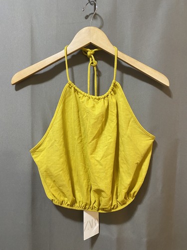 Neu mit Etikett Zara Damen ärmelloses Neckholder-Neckholder-Ausschnitt elastisch gefesseltes Saum kurz Gr. M gelb