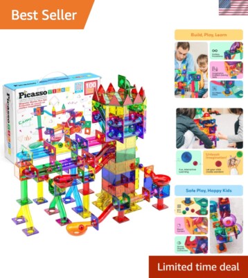 STEM Learning Marble Run With 100 Magnetic Tiles - Educational Playset