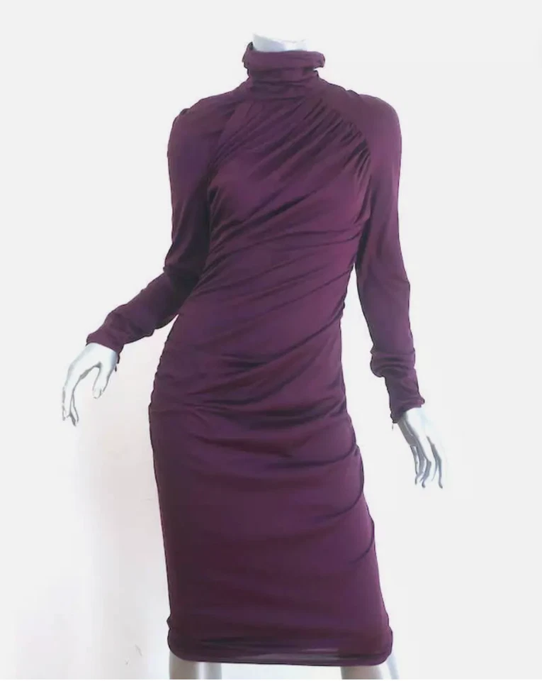 Giambattista Valli Asymmetric Draped Turtleneck Dress Purple Jersey Size 46 - Image 3 of 4