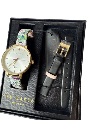 Ted Baker Womens Floral Watch With Gold Case & Extra Leather Strap