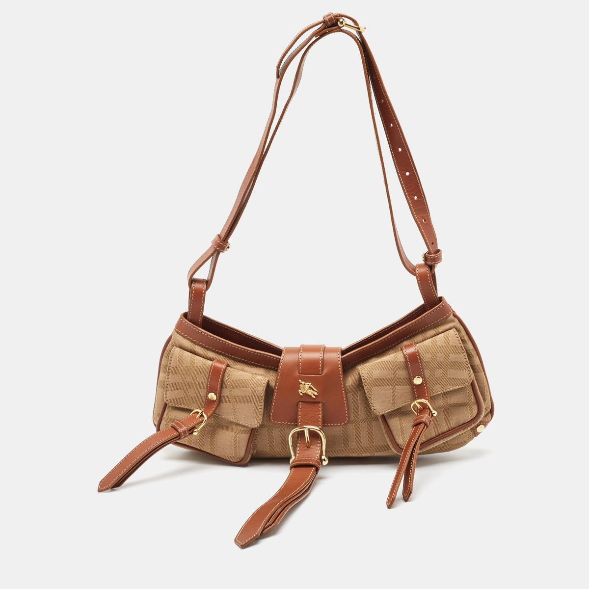 Burberry Beige/Brown Check Fabric and Leather Double Pocket Burberry Beige/Brown Check Fabric and Leather Double Pocket