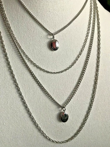 SILVERTONE DOUBLE LOCKET NECKLACE WITH 4 CHAIN LAYERS, SQUARE FILIGREE TAB CLASP - Picture 5 of 8
