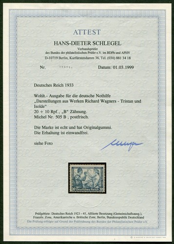 Deutsches Reich DR 505 B postfrisch Fotoattest BPP Schlegel einwandfrei 1000 €