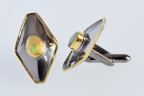 Natural Ethiopian Opal Gemstone Cufflinks Sterling Silver Black Rhodium Jewelry - Picture 3 of 4