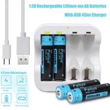 Pallus 1.5V AA Rechargeable Lithium Batteries Li-Ion AA Battery Charger Lot