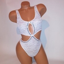 Victoria Secret Lingerie Teddy One Piece Bodysuit Small White Bling Trim Lace