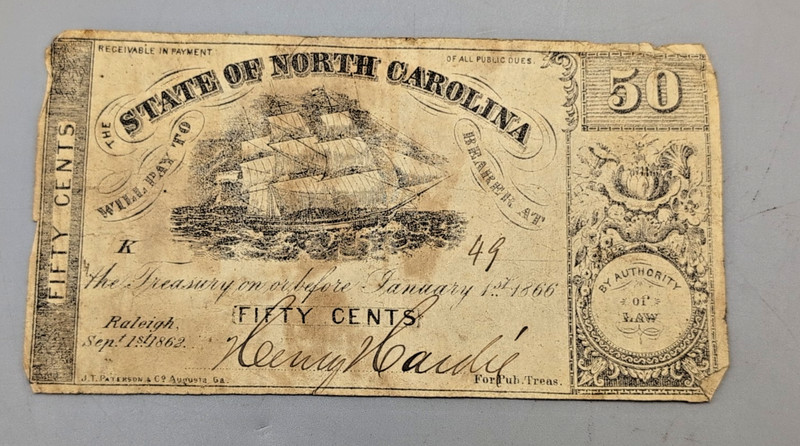 Civil War Confederate North Carolina 50 cent original note.