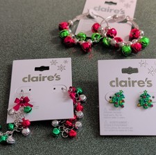 Claire  s Christmas Holiday Earrings Set Hoop Dangle Stud Nickel-Free Red Green