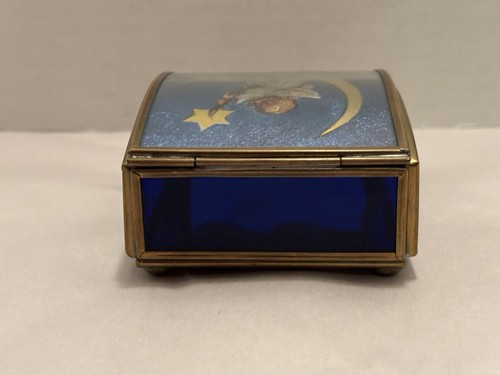 VTG Via Vermont Cobalt Blue Glass & Brass Trinket Jewelry Box Baby Angel Cherub - Picture 5 of 14