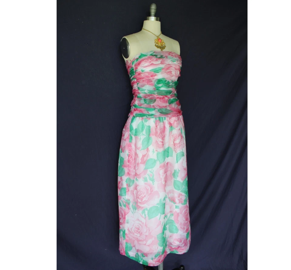 Maxi Vestido ALBERT NIPON By Night Vintage Años 80 Rosa Seda Organza Sin Tirantes Foto 4 de 4