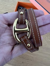 Hermes Brown Leather White Stitching Wrap with Gold Tone Chaine D’ Ancre 