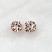 Sterling Silver Rhinestone Earrings Square Stud Rose Gold Tone Pierced 5/16"