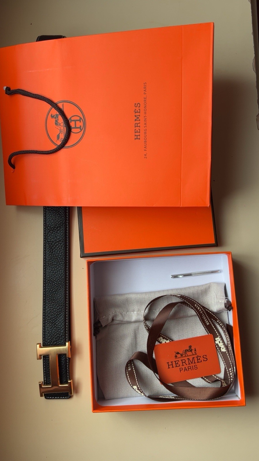 Hermès H Belt Black Leather Gold Buckle Constance Reversible Authentic w/ Box