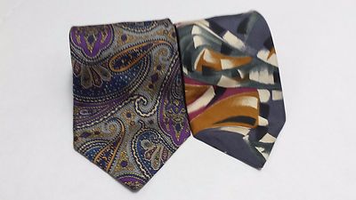 Hardy Amies Lot of Two (2) Mens Silk Ties Necktie Lot Purple Paisley Abstract 